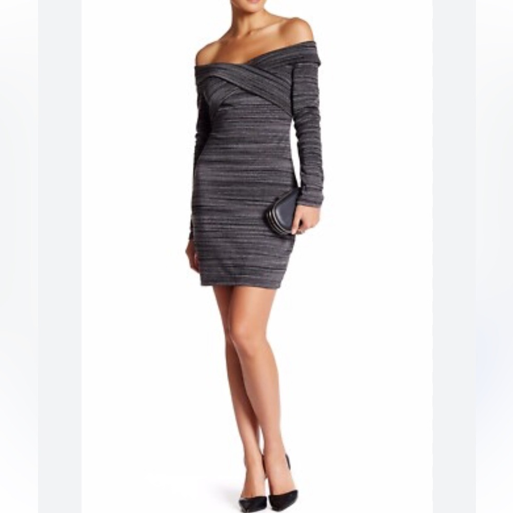 Astr The Label Space Dyed Off The Shoulder Bodycon Minidress. Small. Black/white